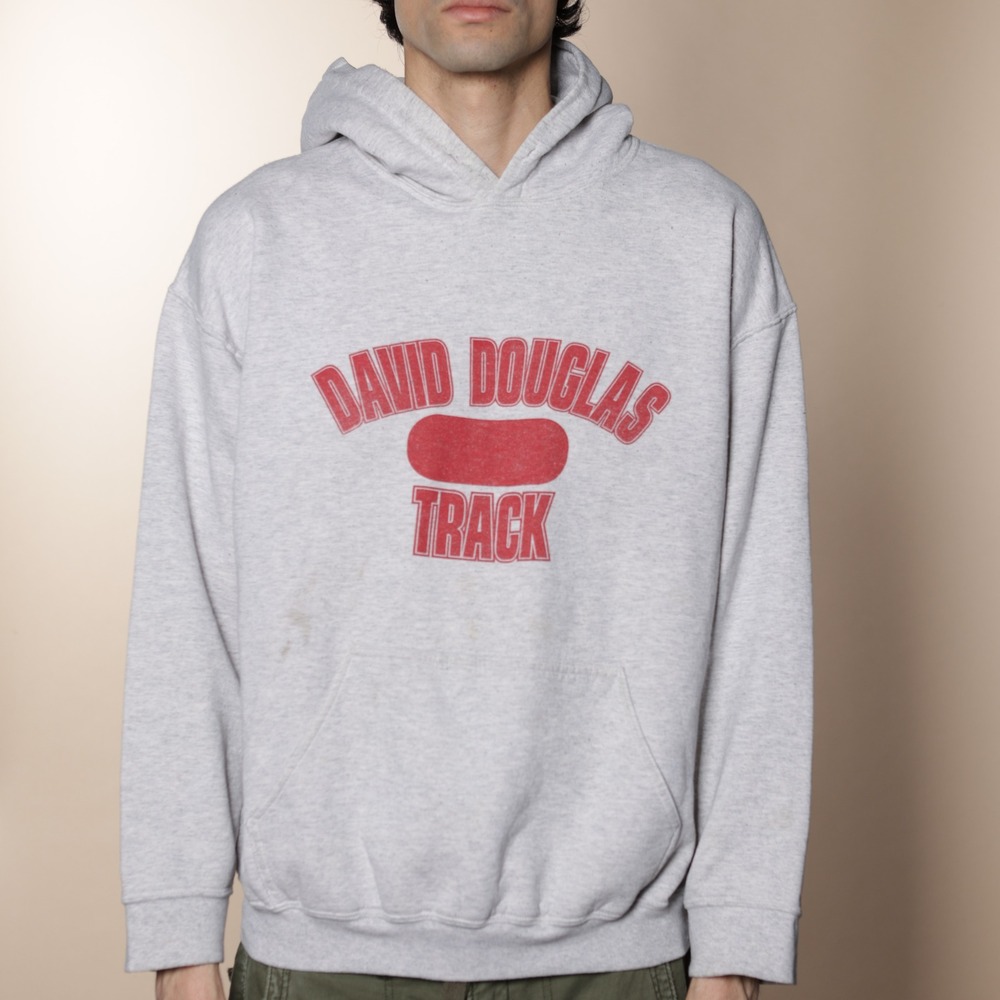 David Douglas Track Hoodie Sweatshirt L Gray Red Gildan Ultra Blend